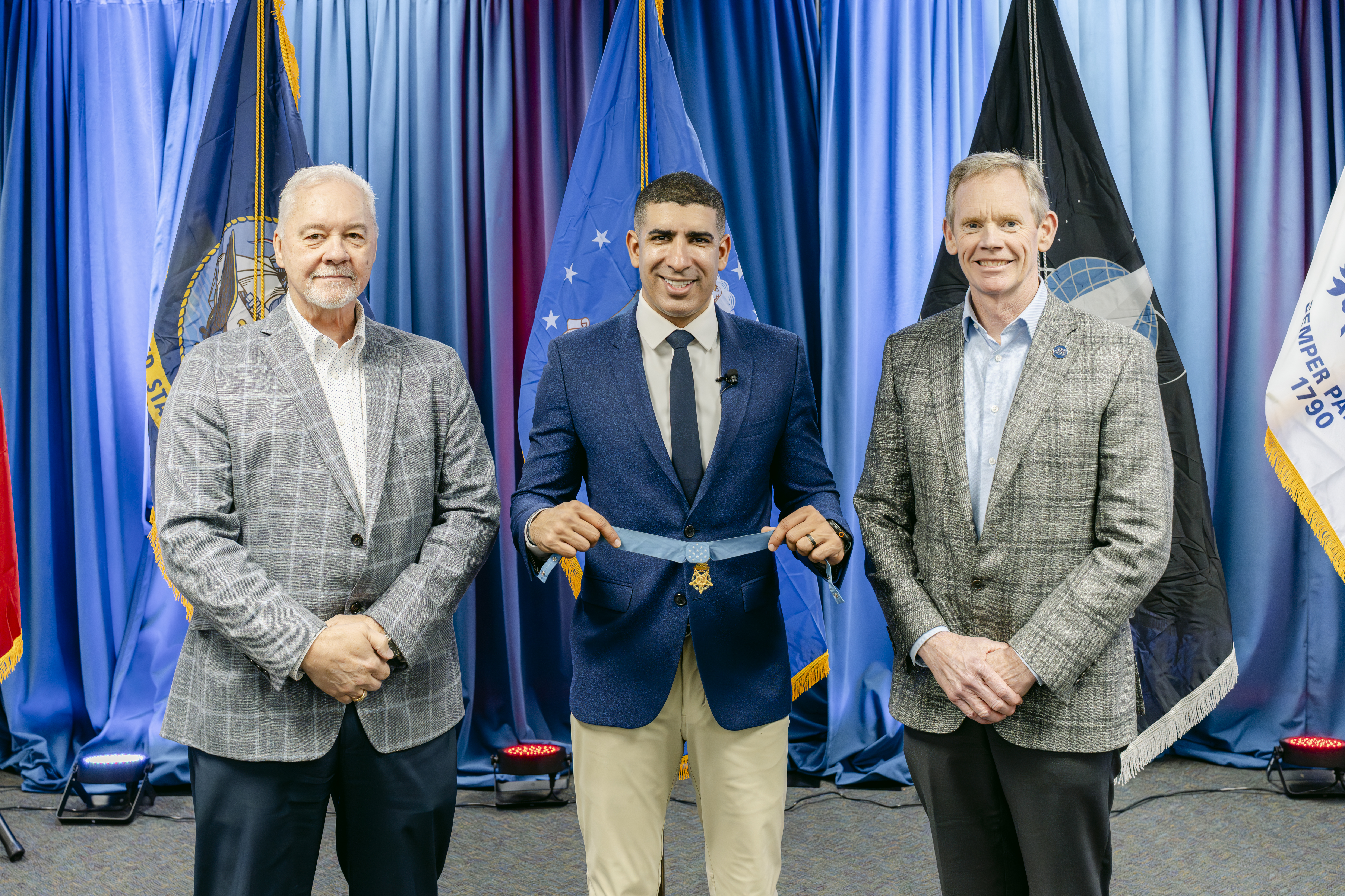 Centerra-SRS General Manager Mark Bolton; Retired U.S. Army Captain Florent “Flo” Groberg; and Retired U.S. Air Force Lt. Gen. and SRNS Executive Vice President and Chief Operations Officer Jim Dawkins.