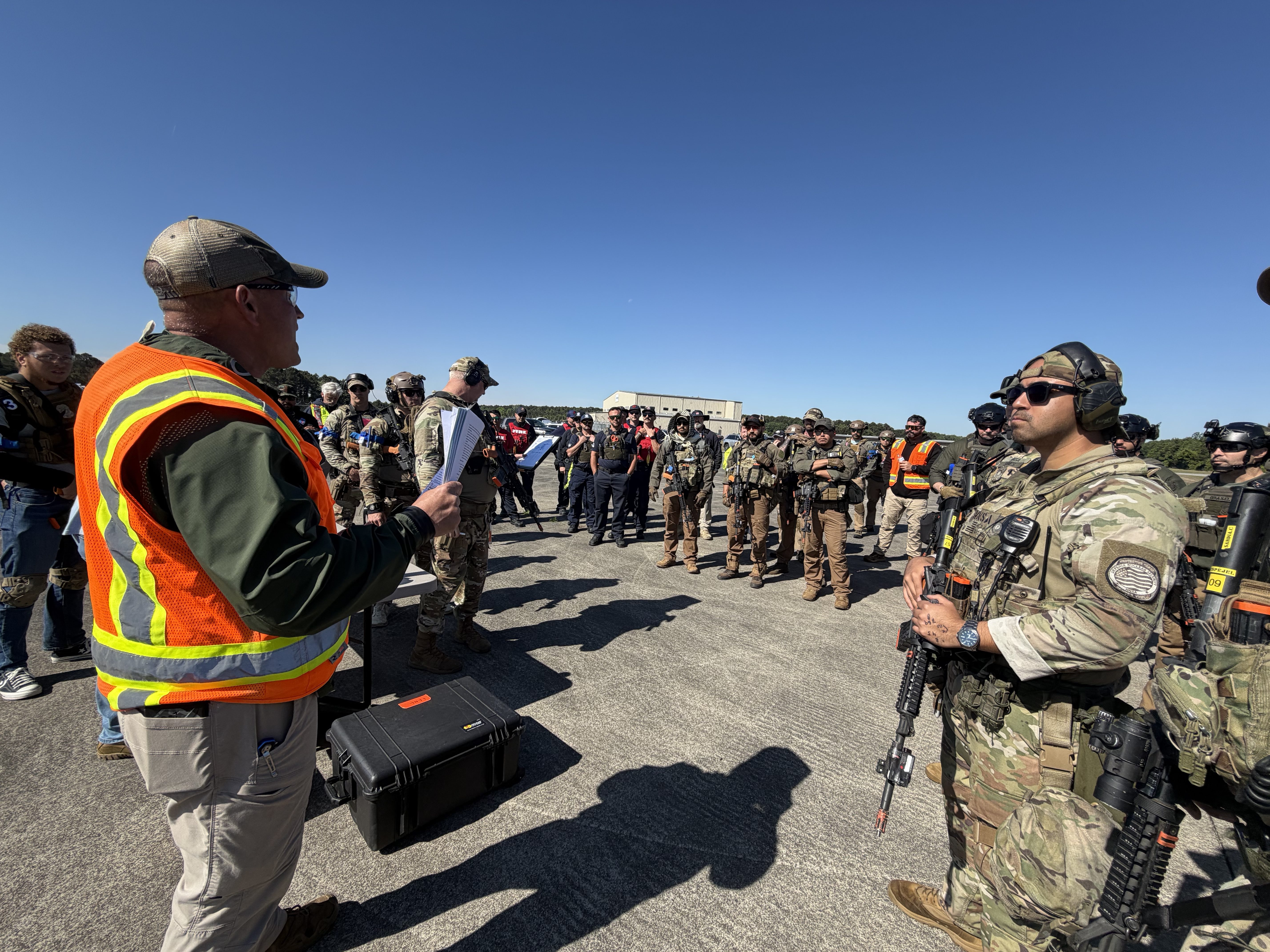NNSA Active Assailant Response workshop participants attend a briefing, prior to participating in a large-scale scenario.
